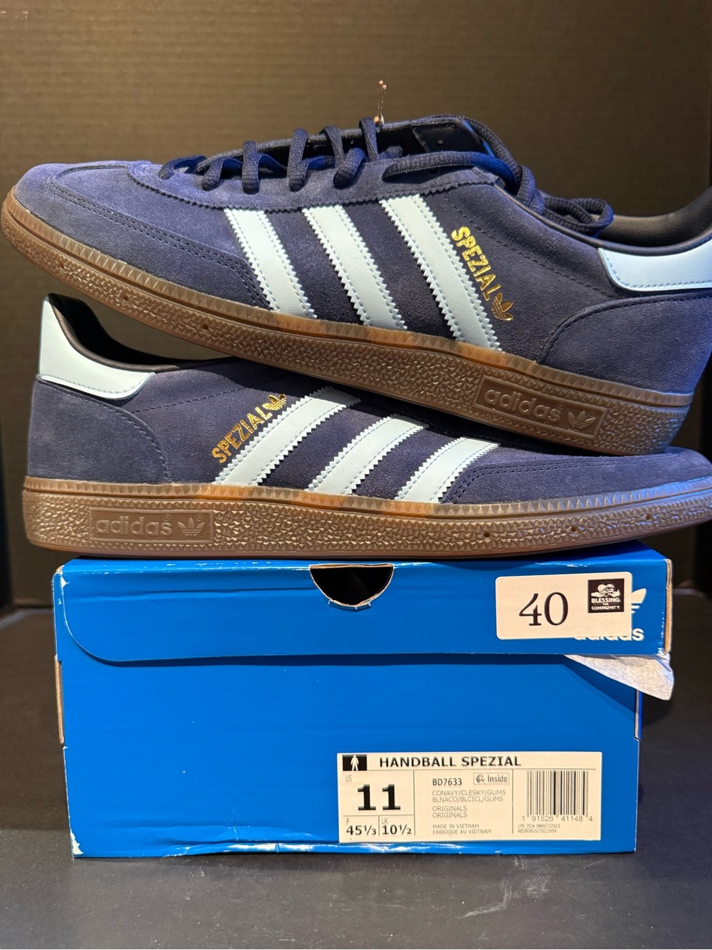 adidas Navy Suede Handball Spezial Sneakers with Light Blue Stripes